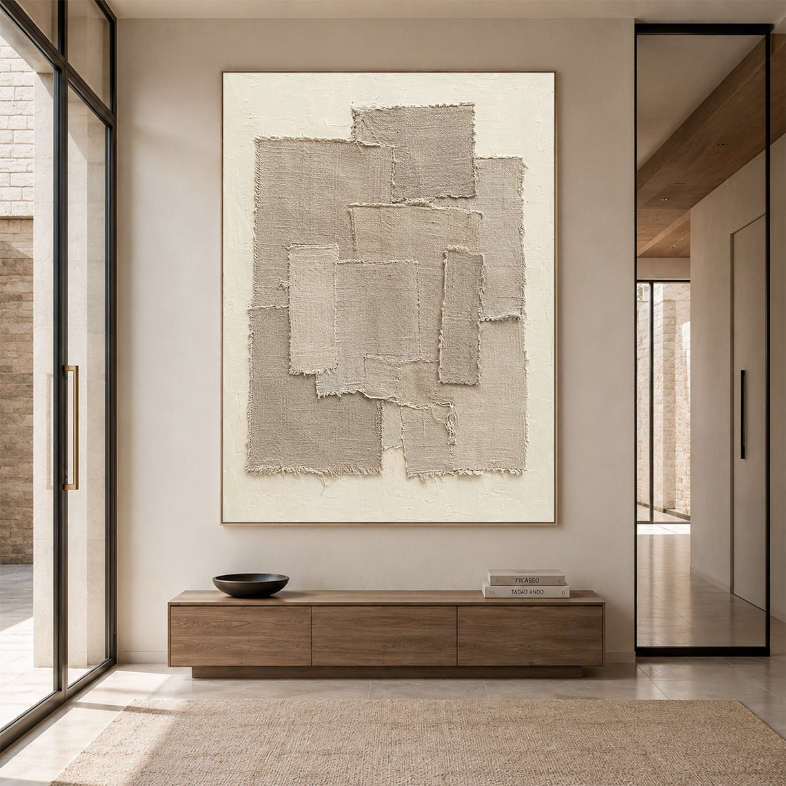 Beige 3D Textured Wall Art Japandi Frayed Linen Collage Tactile Modern Organic Minimalist Decor AURA758