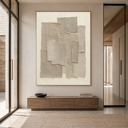Beige 3D Textured Wall Art Japandi Frayed Linen Collage Tactile Modern Organic Minimalist Decor AURA758