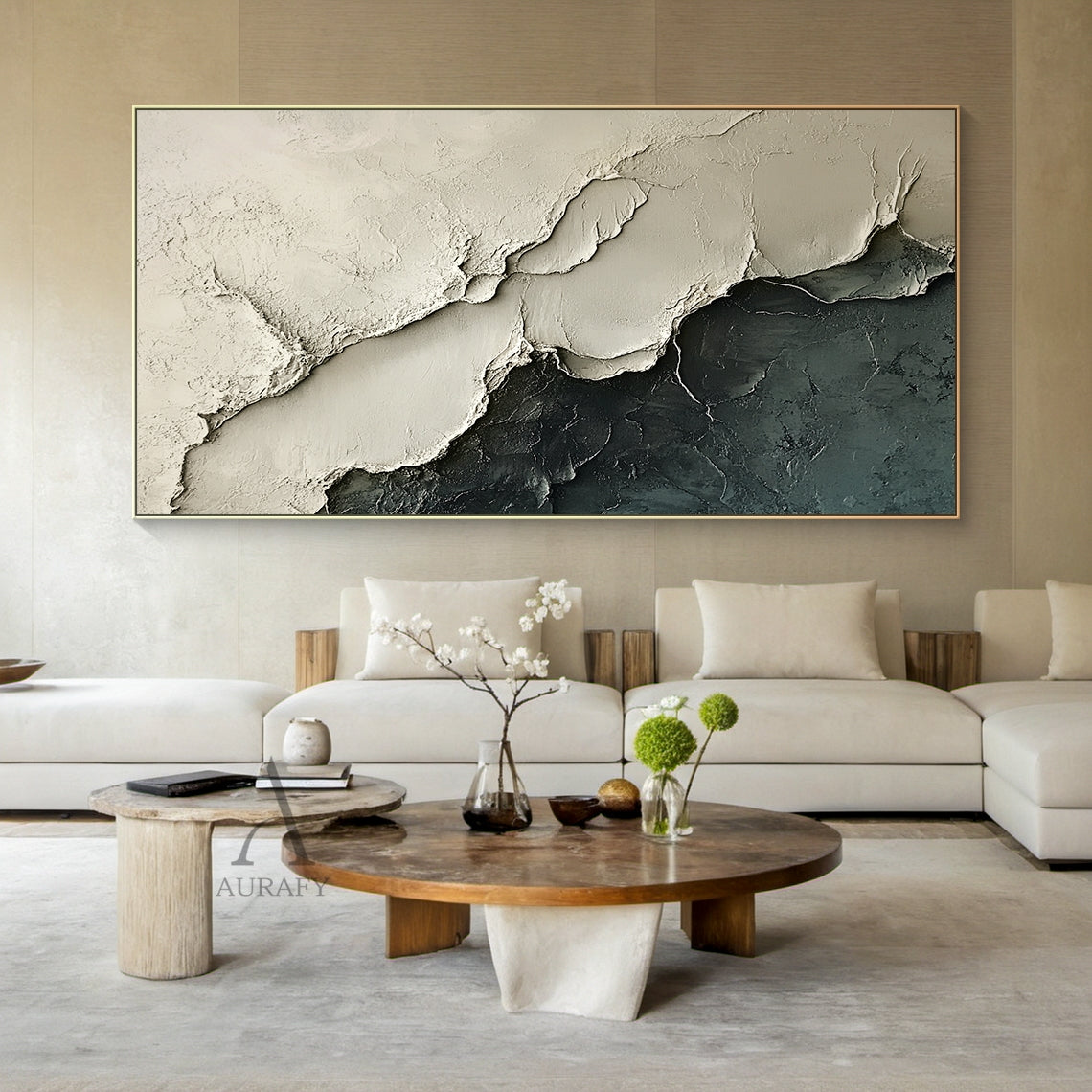 Abstract Landscape Art Impasto Cracked Texture Beige Black Wabi-Sabi Tactile Canvas Wall Decor AURA440