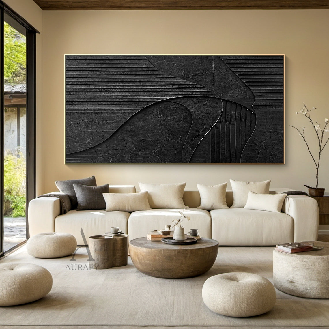 Minimalist Black Wall Art Crackled Texture Vertical Striped Tactile Sculpted Abstract Modern Organic AURA425
