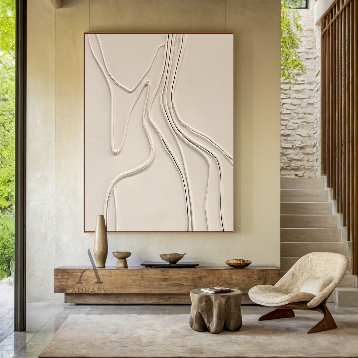Minimalist Wall Art Beige High-Relief Sculpted Curves Tactile Matte Surface Modern Organic Decor AURA431