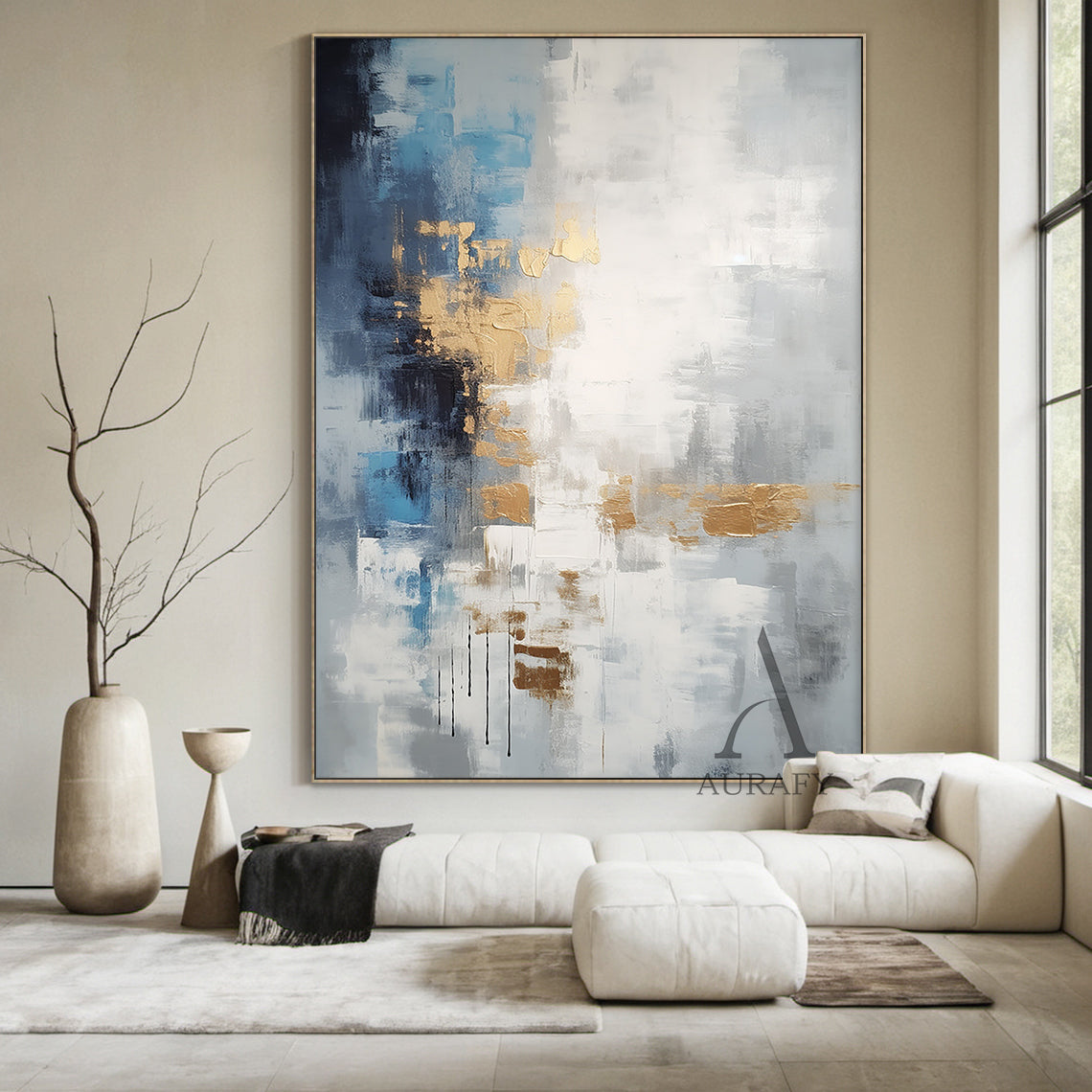 Abstract Wall Art Minimalist Luxe with High Relief Gold Tactile Surface Knife Strokes Black Drips AURA487