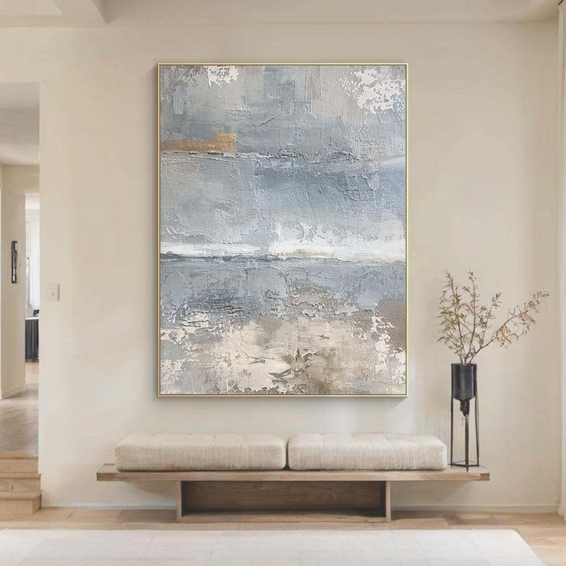 Minimalist Seascape Texture Canvas – Cool Blue & Taupe Painting – AURA035(Square)