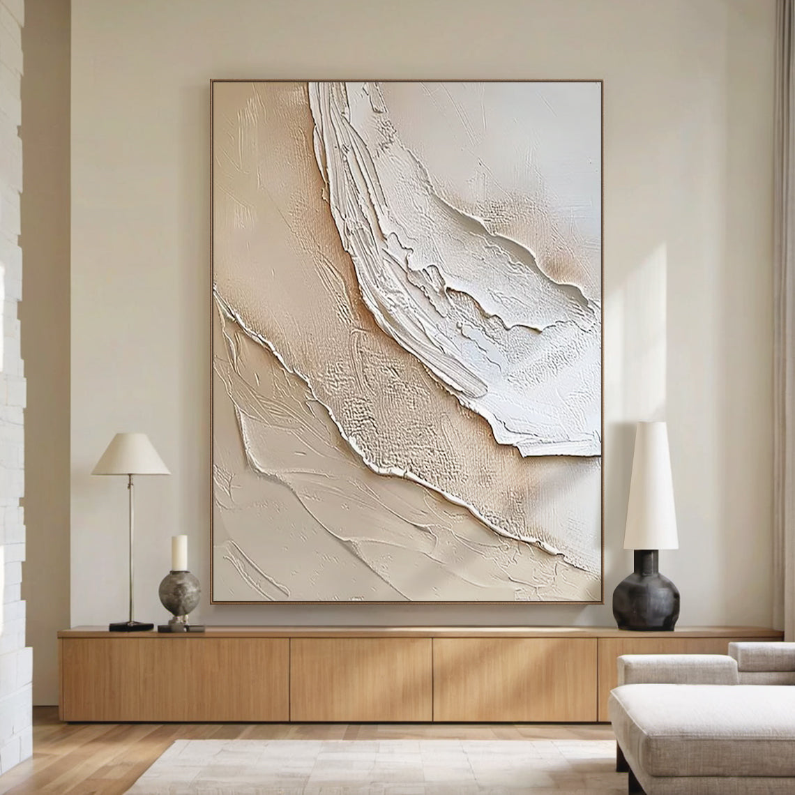 Organic Wave Texture Canvas – Cream & Taupe Tones – AURA007(Vertical)