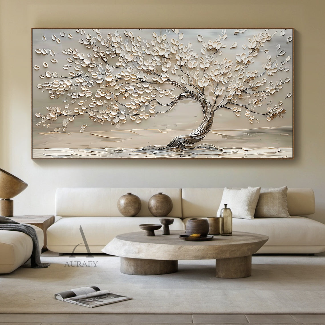 3D Textured Beige Tree Painting High-Relief Sculpted Tactile Surface Modern Organic Luxe AURA467