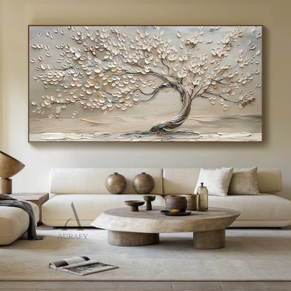 3D Textured Beige Tree Painting High-Relief Sculpted Tactile Surface Modern Organic Luxe AURA467