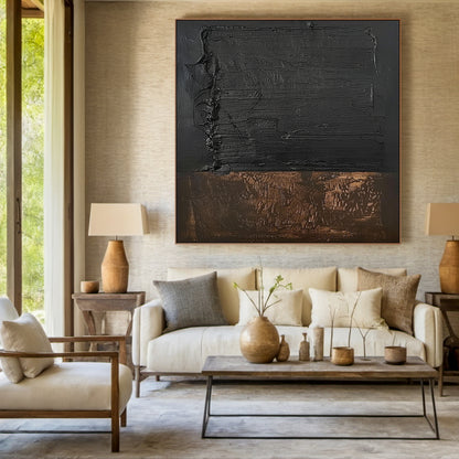 Wabi Sabi Black Brown Abstract Art with Thick Paint Distressed Edges Tactile Surface AURA579