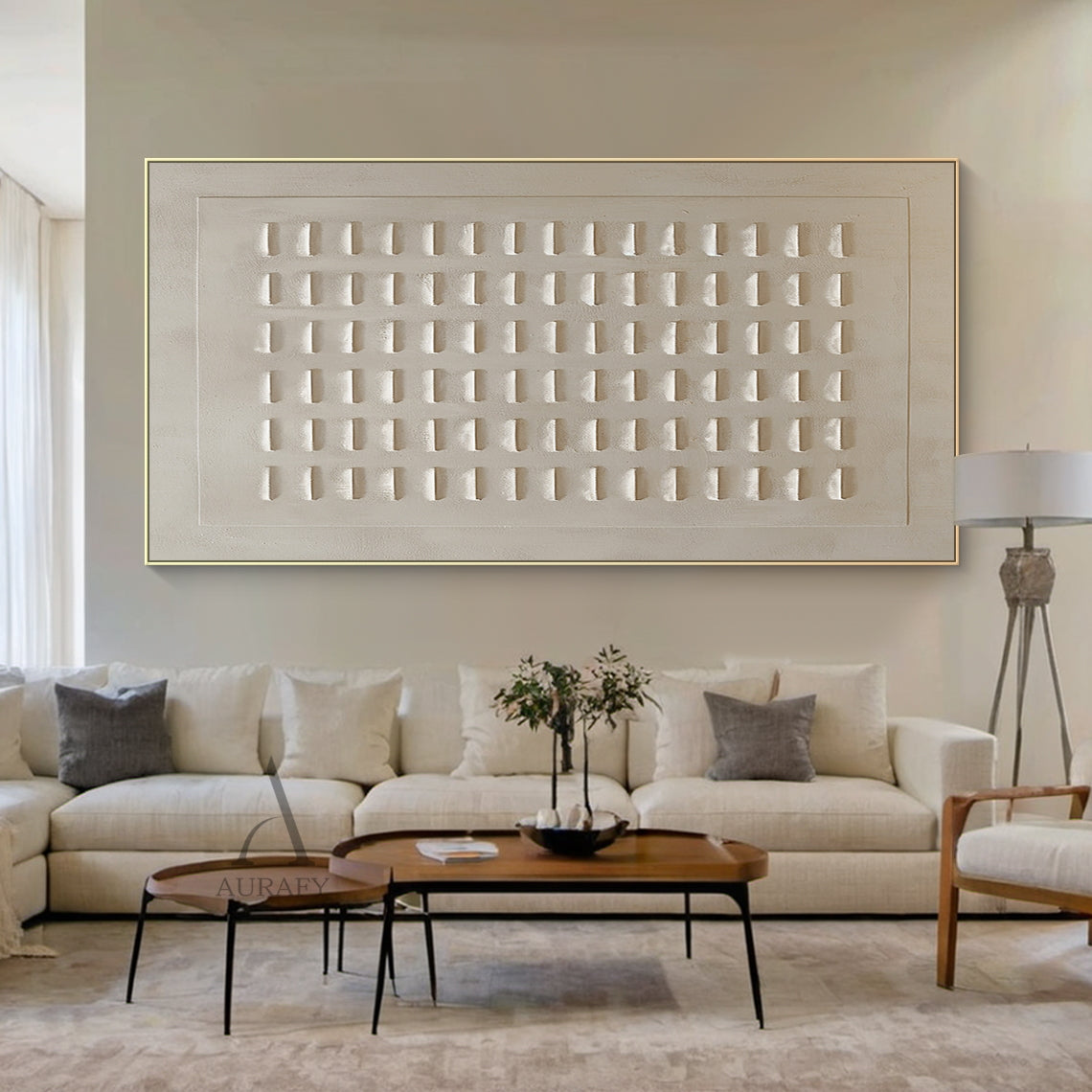 Minimalist Wall Art Beige Plaster Textured High-Relief Tactile Sculpted Modern Art Piece AURA450