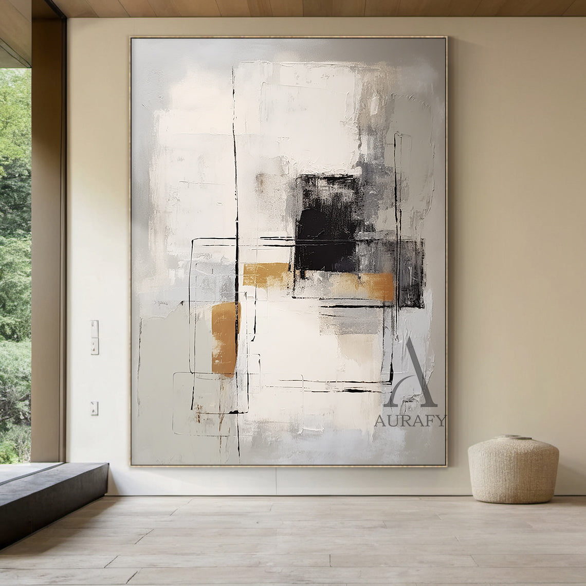 General Abstract Art Gray White Black Hand-painted Oil Brush Stroke Minimalist Luxe Wall Decor AURA486