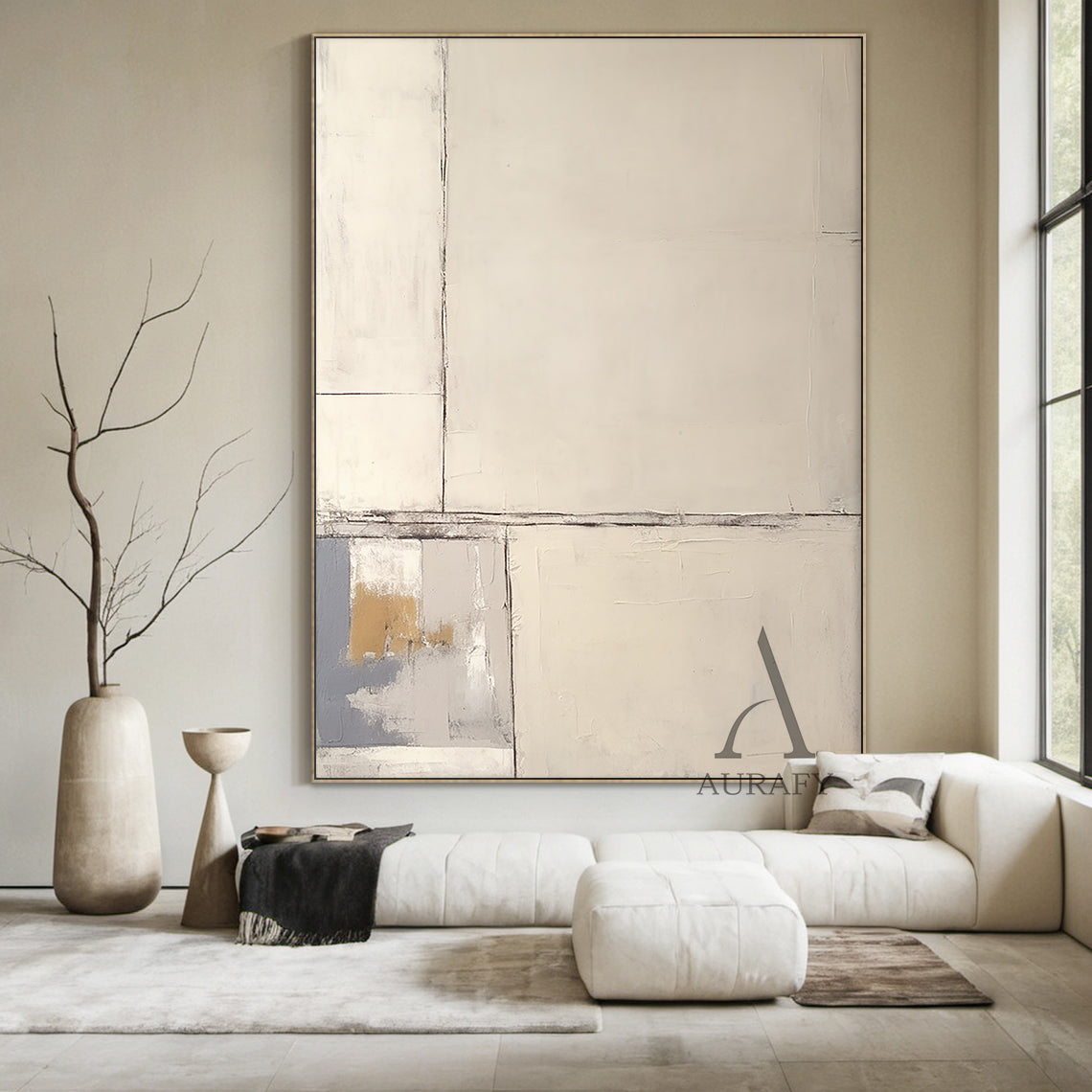 Beige Abstract Art Plaster Textured Japandi Minimalist Handmade Geometric Lines Tactile Canvas AURA490