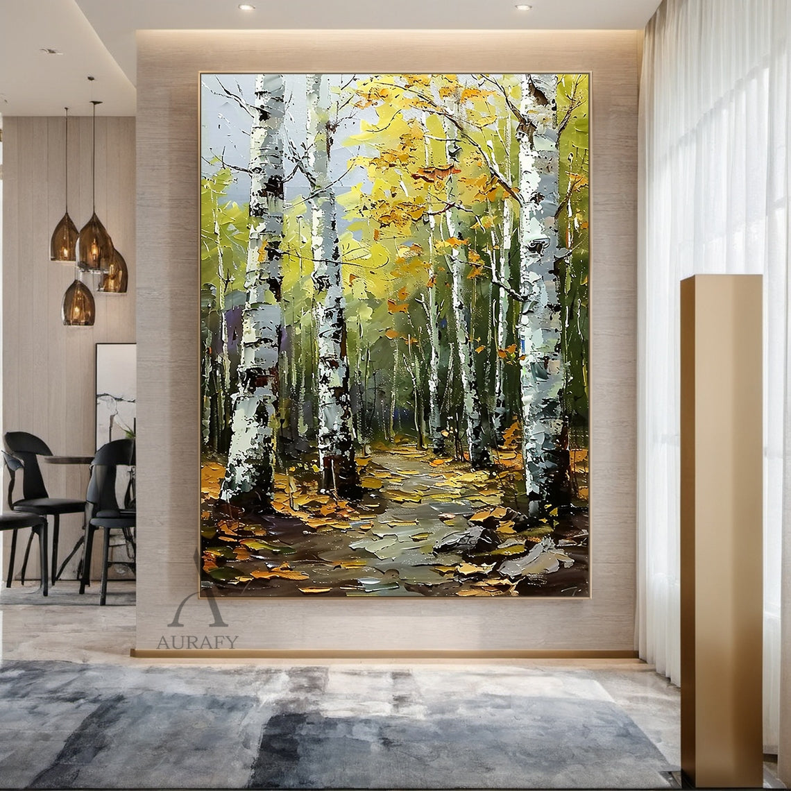 Textured Green Brown Landscape Birch Forest Knife Strokes Oil Painting Tactile Canvas Wabi-Sabi Wall Art AURA744