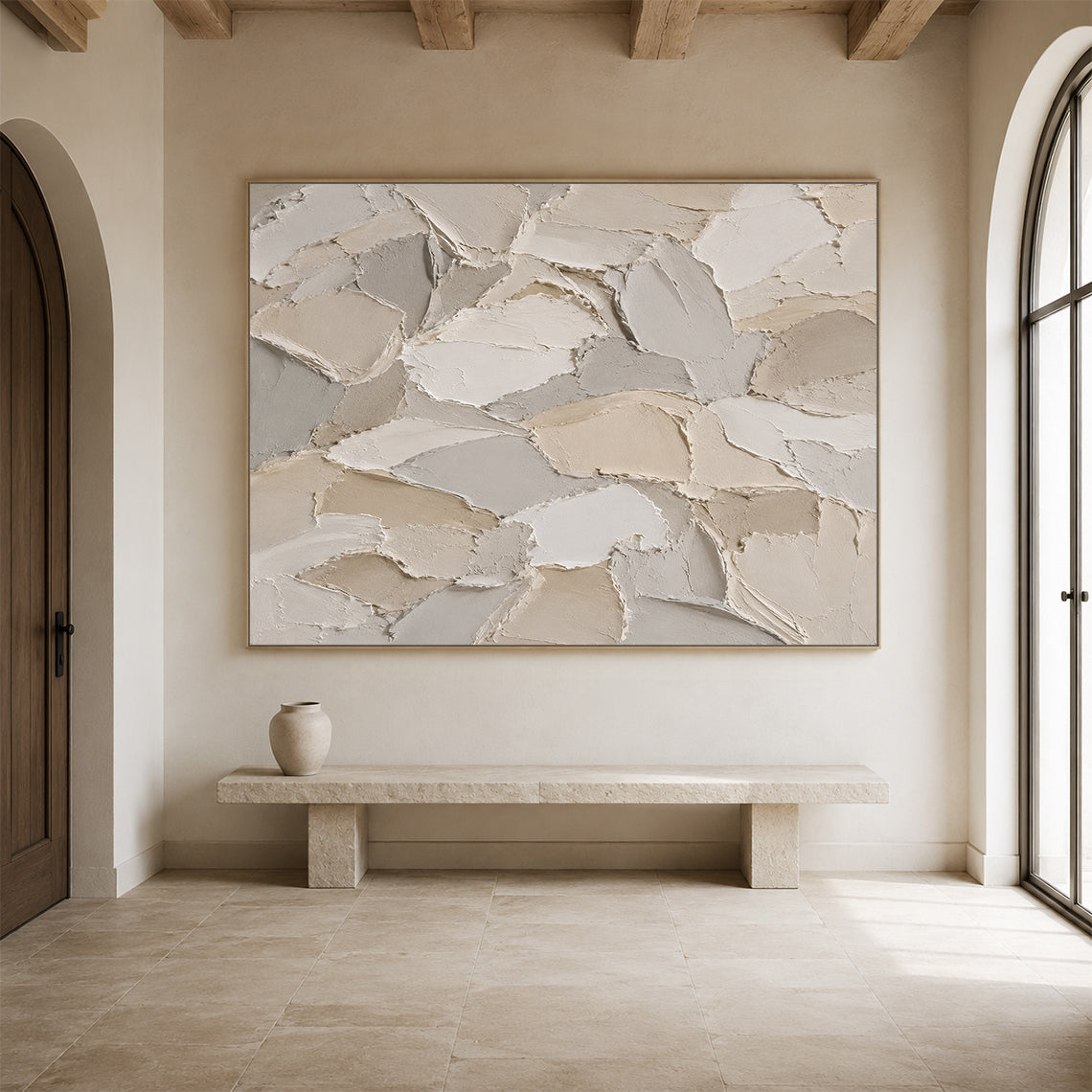 3D Textured Beige Plaster Painting Wabi-Sabi Japandi Knife Stroke Sculpted Canvas Tactile Minimalist Wall Art AURA761