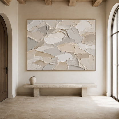 3D Textured Beige Plaster Painting Wabi-Sabi Japandi Knife Stroke Sculpted Canvas Tactile Minimalist Wall Art AURA761
