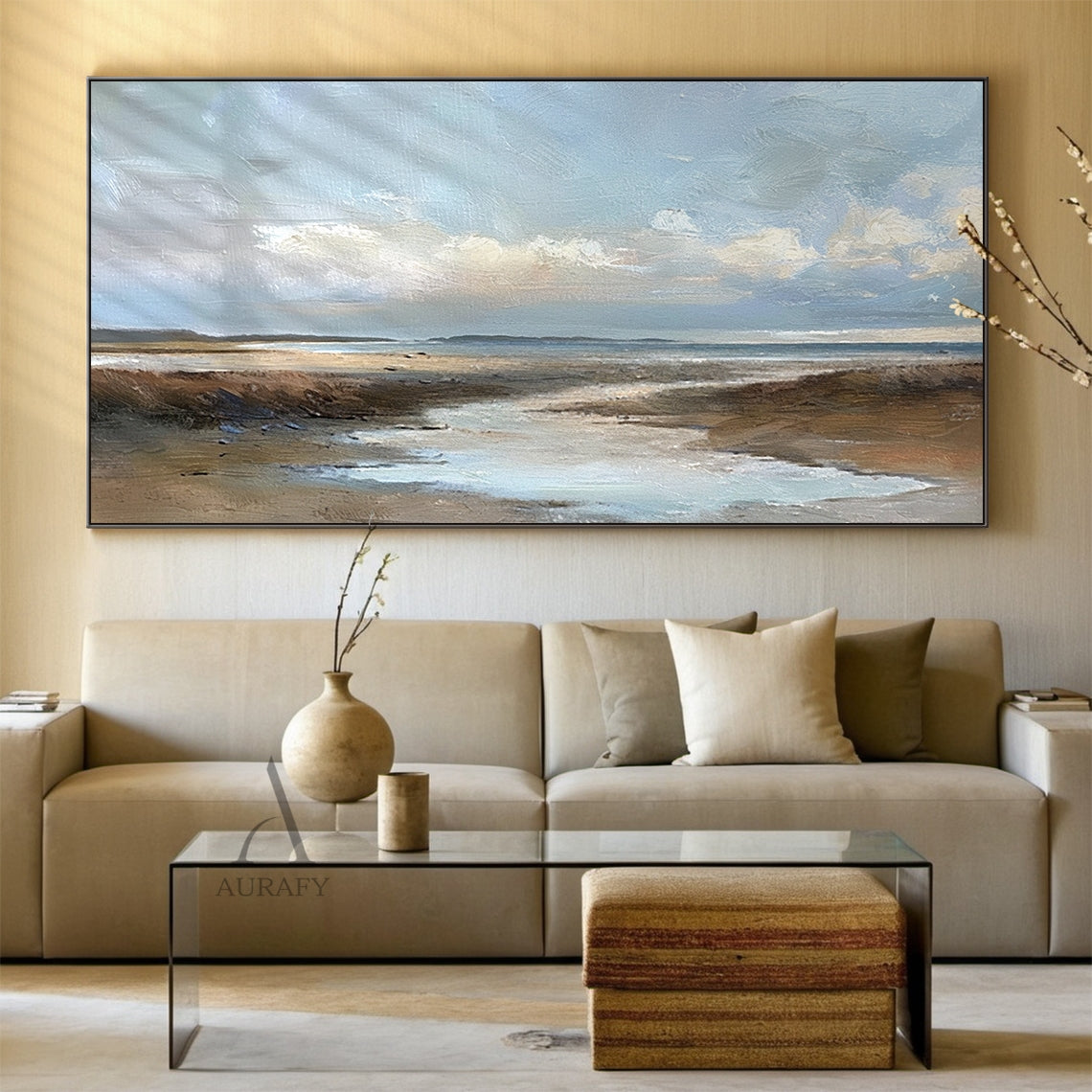 Blue Brown Knife Stroke Coastal Landscape Wabi-Sabi Textured Canvas Minimalist Oil Wall Art Decor AURA741
