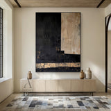 Black Abstract Wall Art with a Striated Beige Panel and Band - AURA843