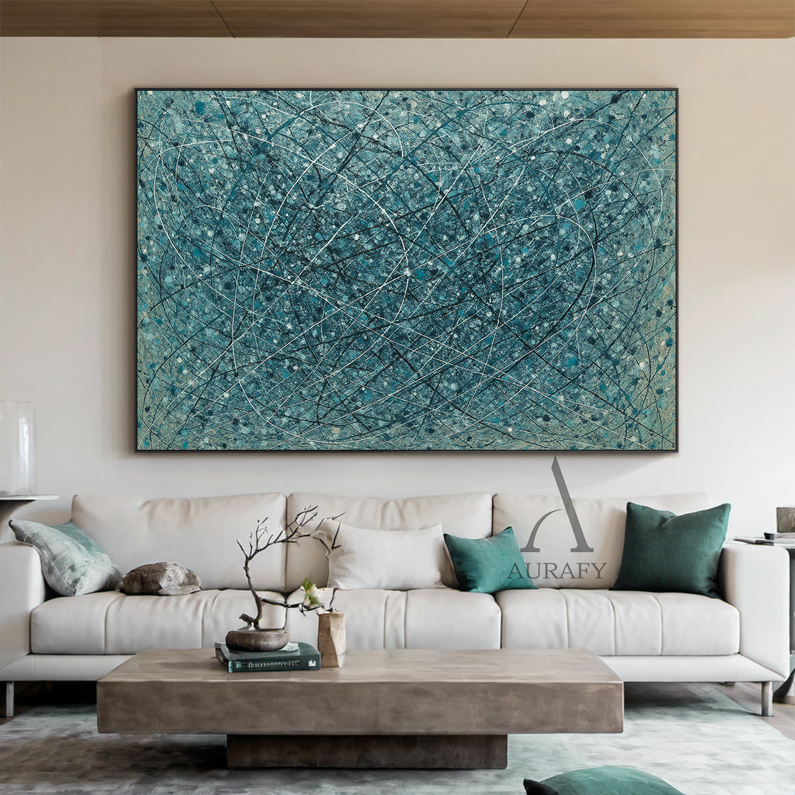 Abstract Blue Art Interwoven Lines Mottled Texture Tactile Surface Pigment Splatter Abstract Expressionist AURA509