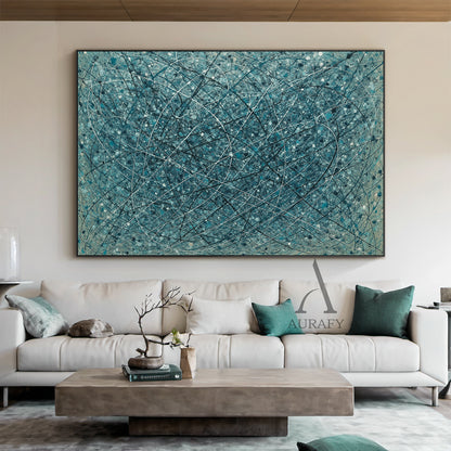 Abstract Blue Art Interwoven Lines Mottled Texture Tactile Surface Pigment Splatter Abstract Expressionist AURA509