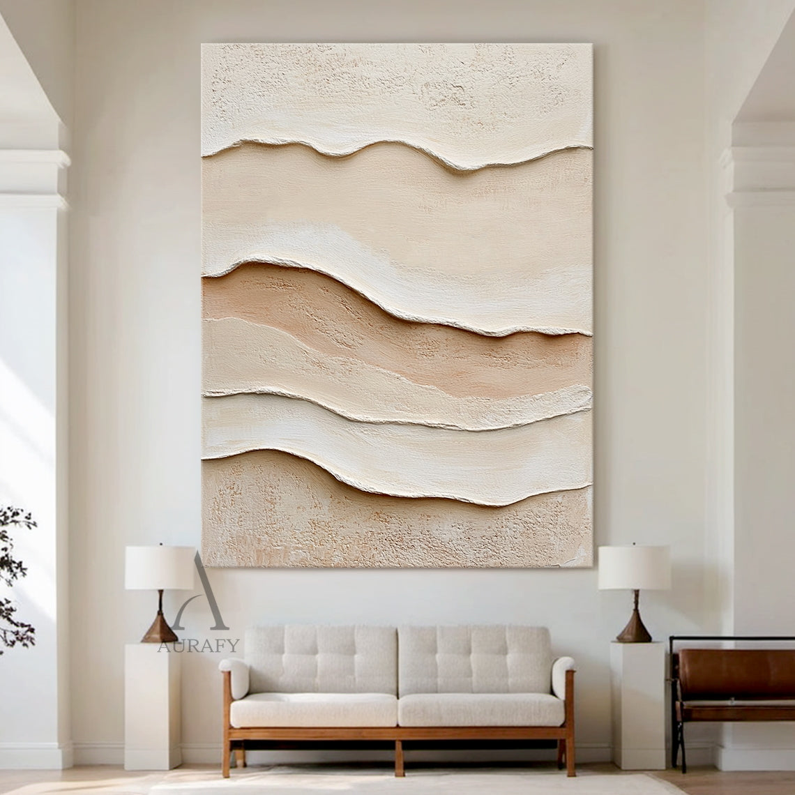 3D Textured Beige Painting Tactile Plaster Surface Sculpted Wave Modern Organic Wabi-Sabi Artwork AURA435