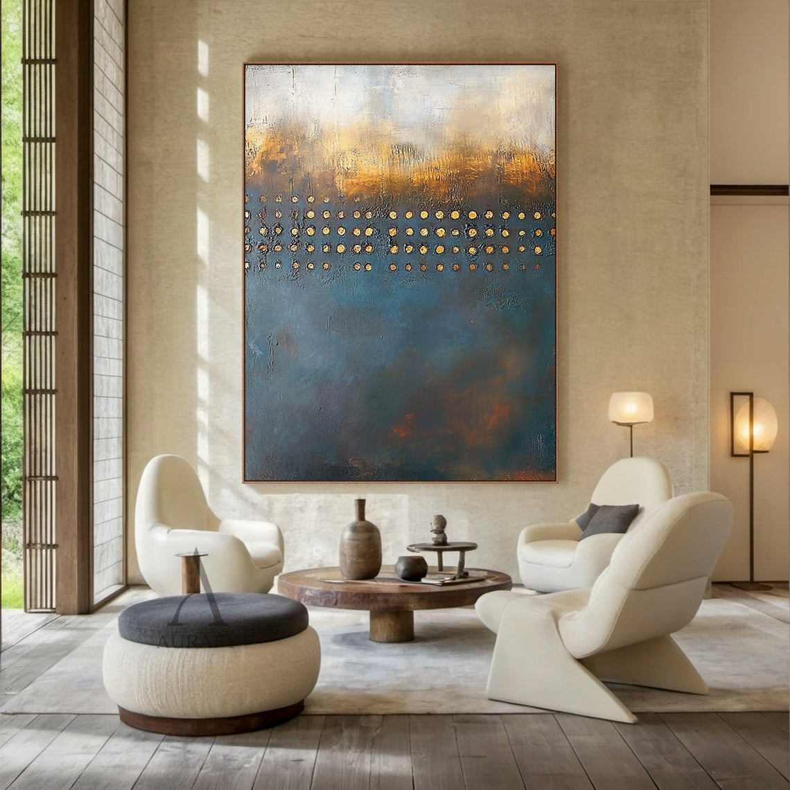 Blue and Beige Abstract Wall Art with a Golden Dot Grid - AURA851