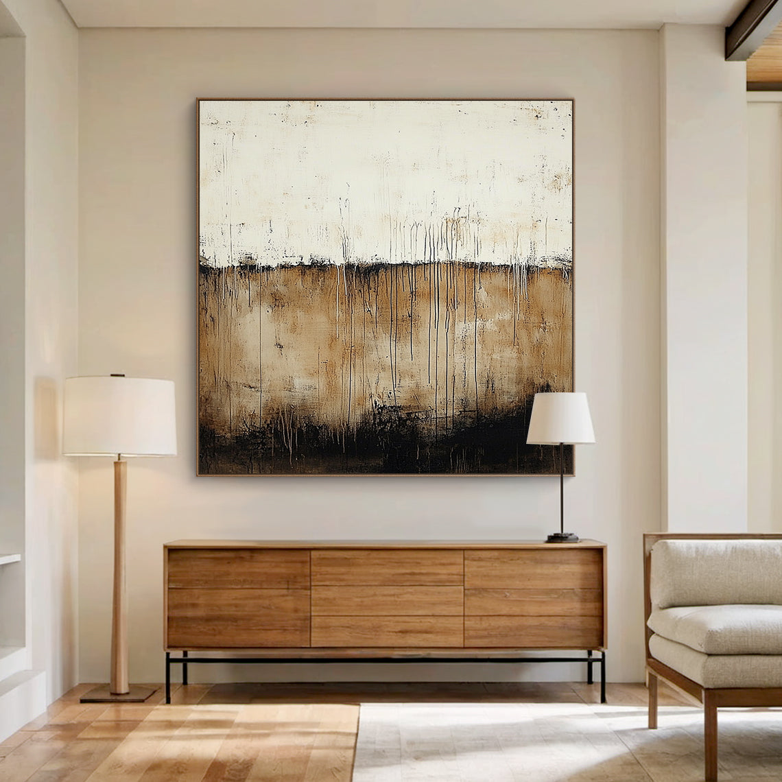 Wabi Sabi Beige Brown Plaster Textured Artwork with Drip Lines Tactile Organic Surface AURA589