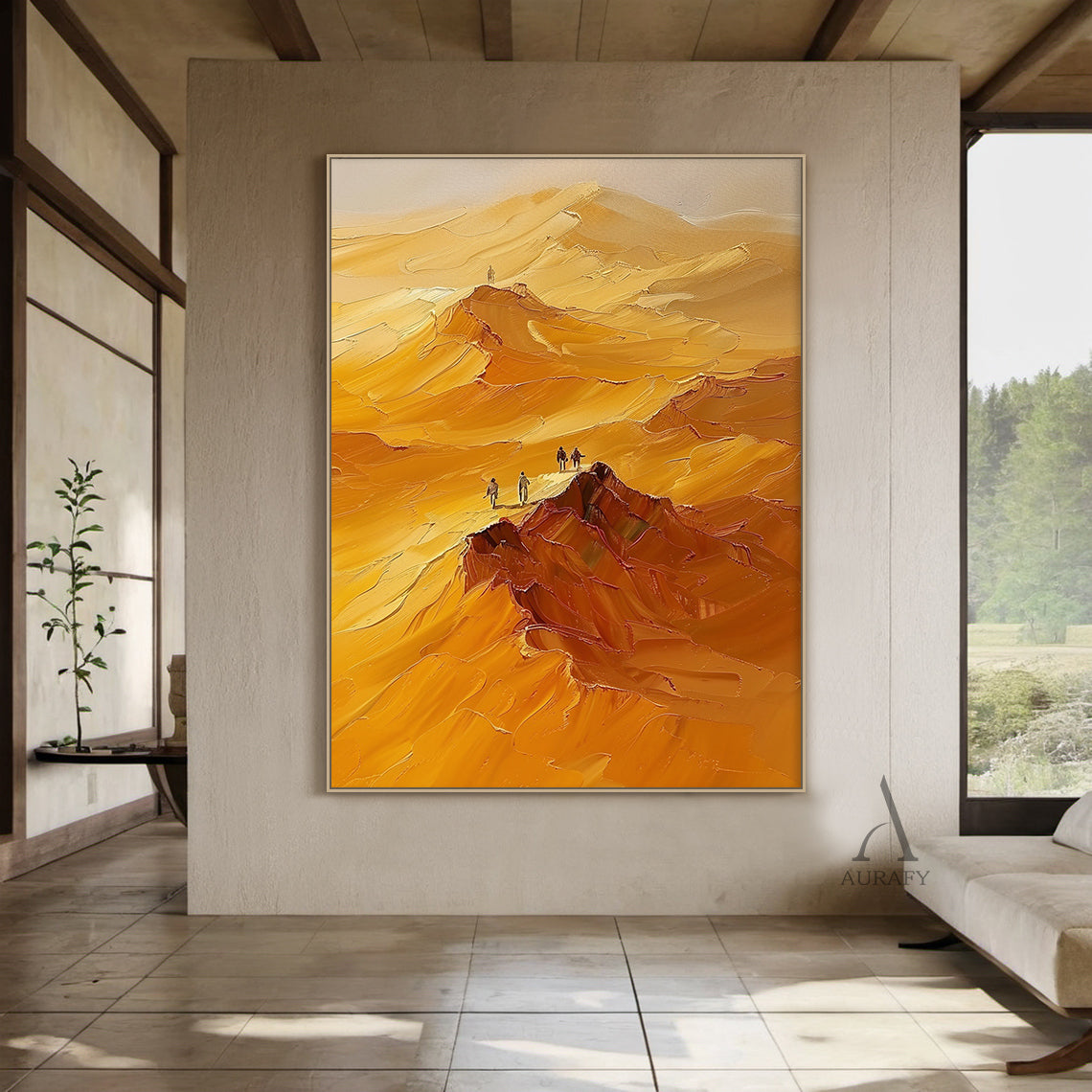Yellow Landscape Impasto Oil Painting with Knife Strokes Tactile Surface and Exploring Figures AURA416