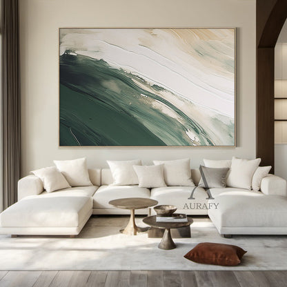 General Abstract White Modern Organic Art with Knife Strokes Thick Impasto Fluid Green Layers AURA489
