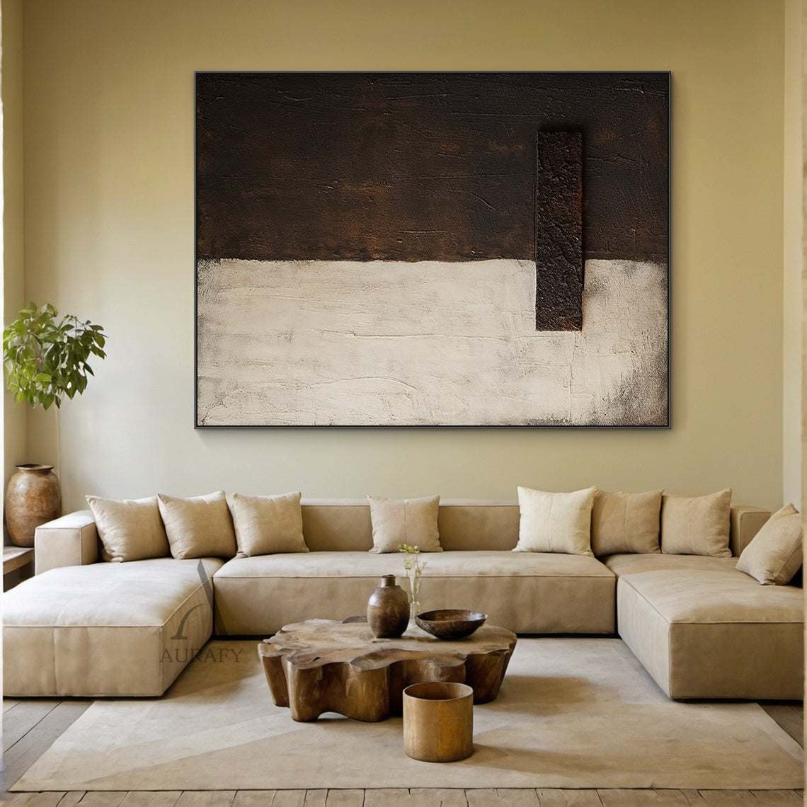 Beige and Brown Minimalist Painting with a Coarse Crossbar - AURA842