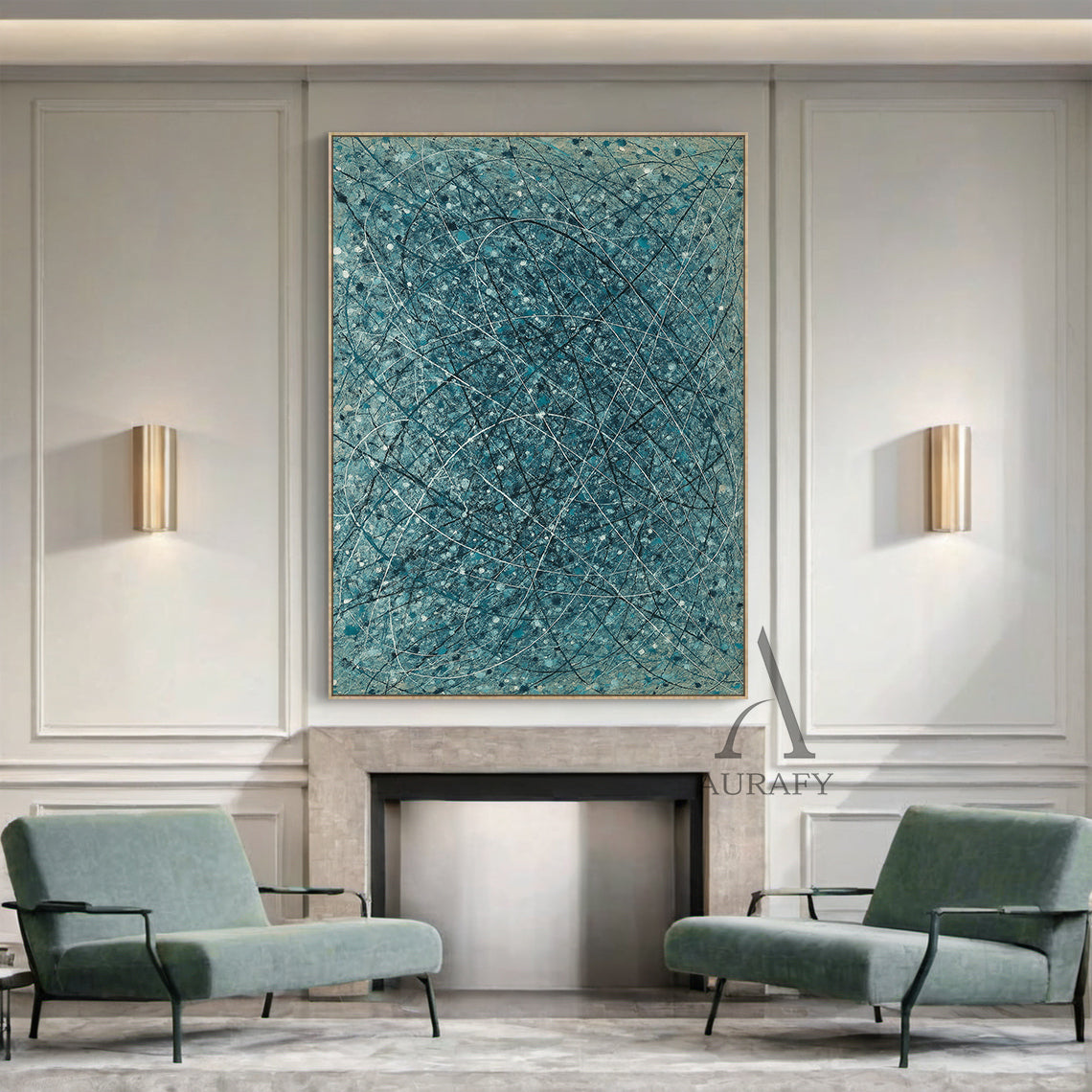 Abstract Blue Art Interwoven Lines Mottled Texture Tactile Surface Pigment Splatter Abstract Expressionist AURA509