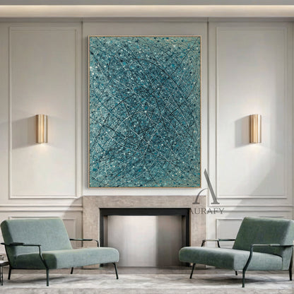 Abstract Blue Art Interwoven Lines Mottled Texture Tactile Surface Pigment Splatter Abstract Expressionist AURA509