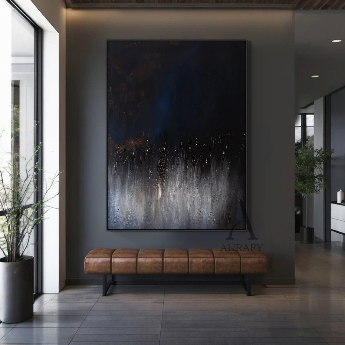 Abstract Black Blue Artwork Abstract Expressionist with flowing vertical texture, star-like light accents AURA504