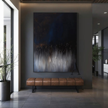 Abstract Black Blue Artwork Abstract Expressionist with flowing vertical texture, star-like light accents AURA504