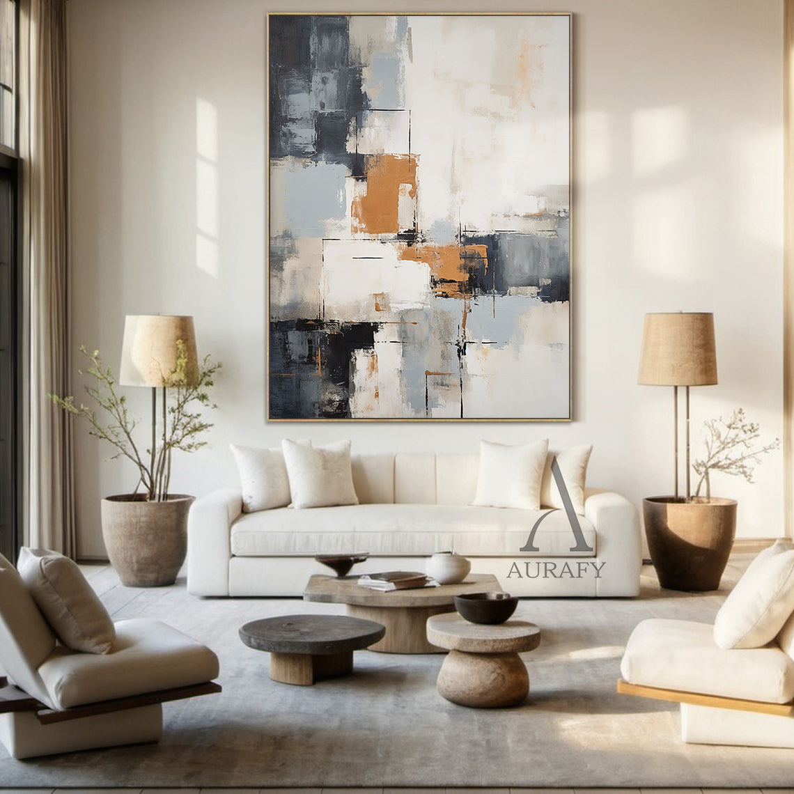 Abstract Geometric Wall Art Tactile Brushstroke Texture Warm Orange Neutral Palette Minimalist Luxe AURA496