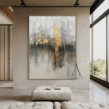 Abstract Gray White Gold Art with Knife Strokes Tactile Sculpted Minimalist Luxe Canvas AURA497