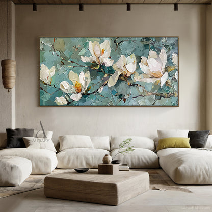 3D Textured Magnolia Painting Knife Strokes High-Relief Blue Green Tactile Modern Artwork AURA418