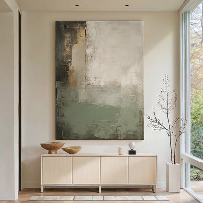 Modern Textural Abstract Wall Art – Sage Green & Earth Neutrals – AURA023(Vertical)