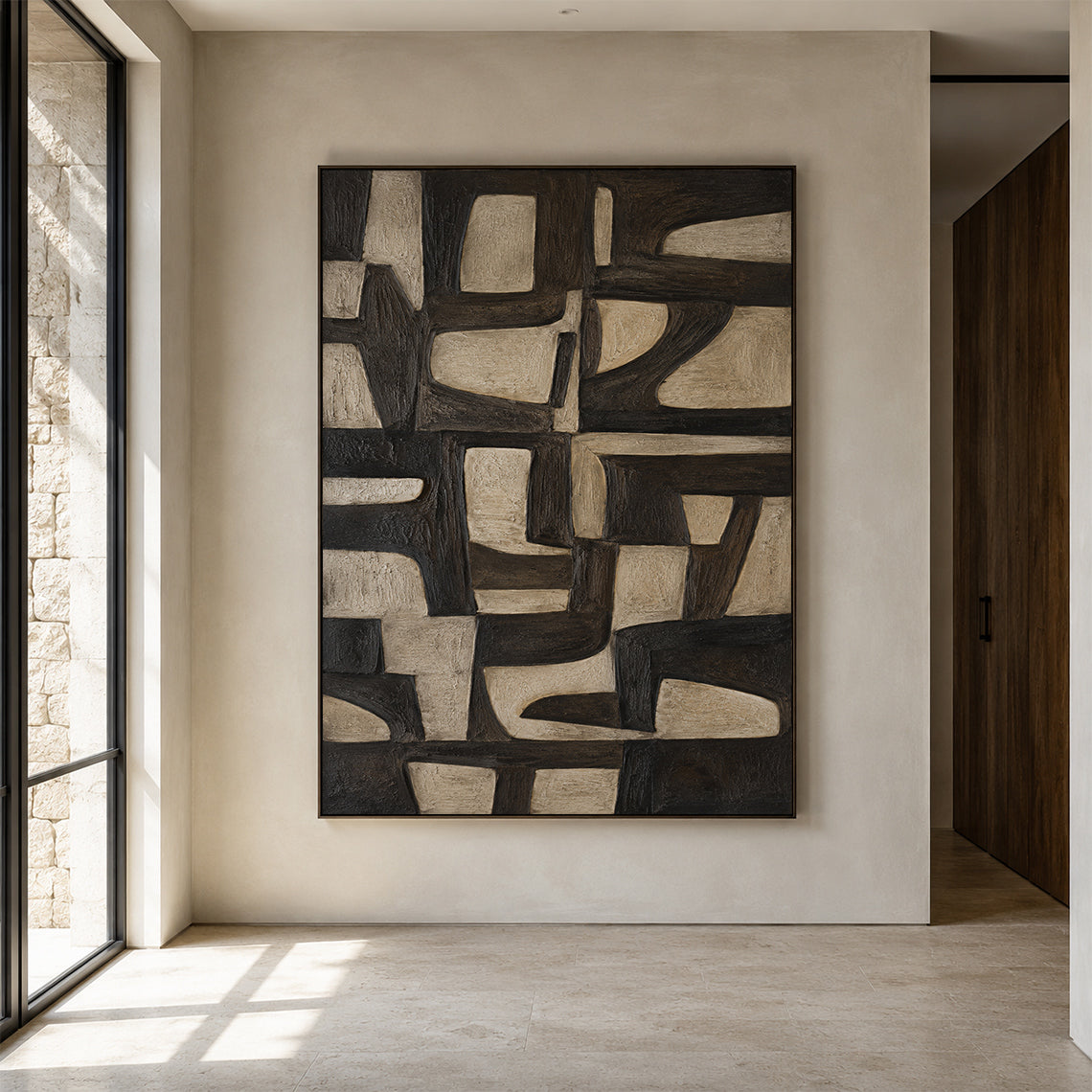 Plaster Textured Abstract Wall Art Black Brown Wabi-Sabi Japandi Minimalist Geometric Tactile Handcrafted Canvas Decor AURA769