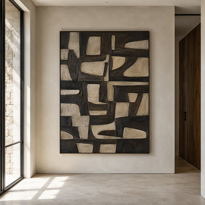 Plaster Textured Abstract Wall Art Black Brown Wabi-Sabi Japandi Minimalist Geometric Tactile Handcrafted Canvas Decor AURA769