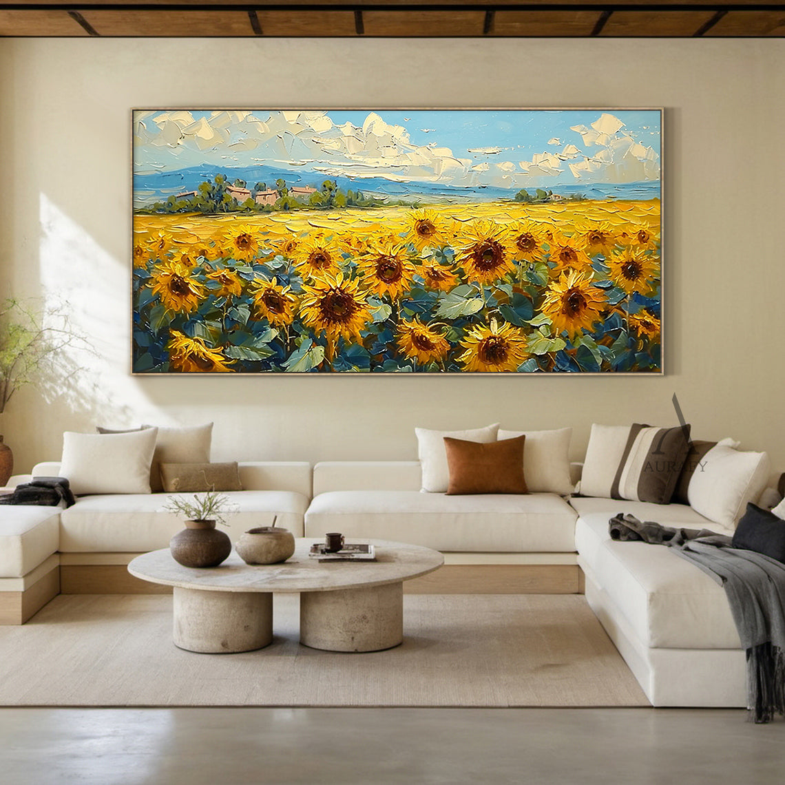 Yellow Sunflower Landscape Impasto Oil Painting Tactile Knife Strokes Rural Countryside Distant Mountains Blue Sky AURA419