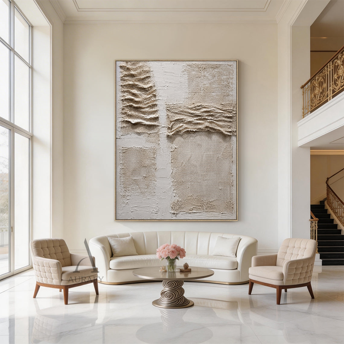 Soft Fold, Beige Brown Mesh and Plaster Textured Painting AURA857