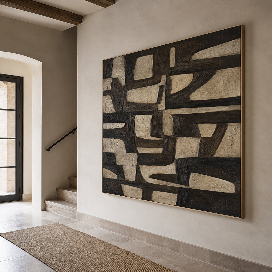 Plaster Textured Abstract Wall Art Black Brown Wabi-Sabi Japandi Minimalist Geometric Tactile Handcrafted Canvas Decor AURA769