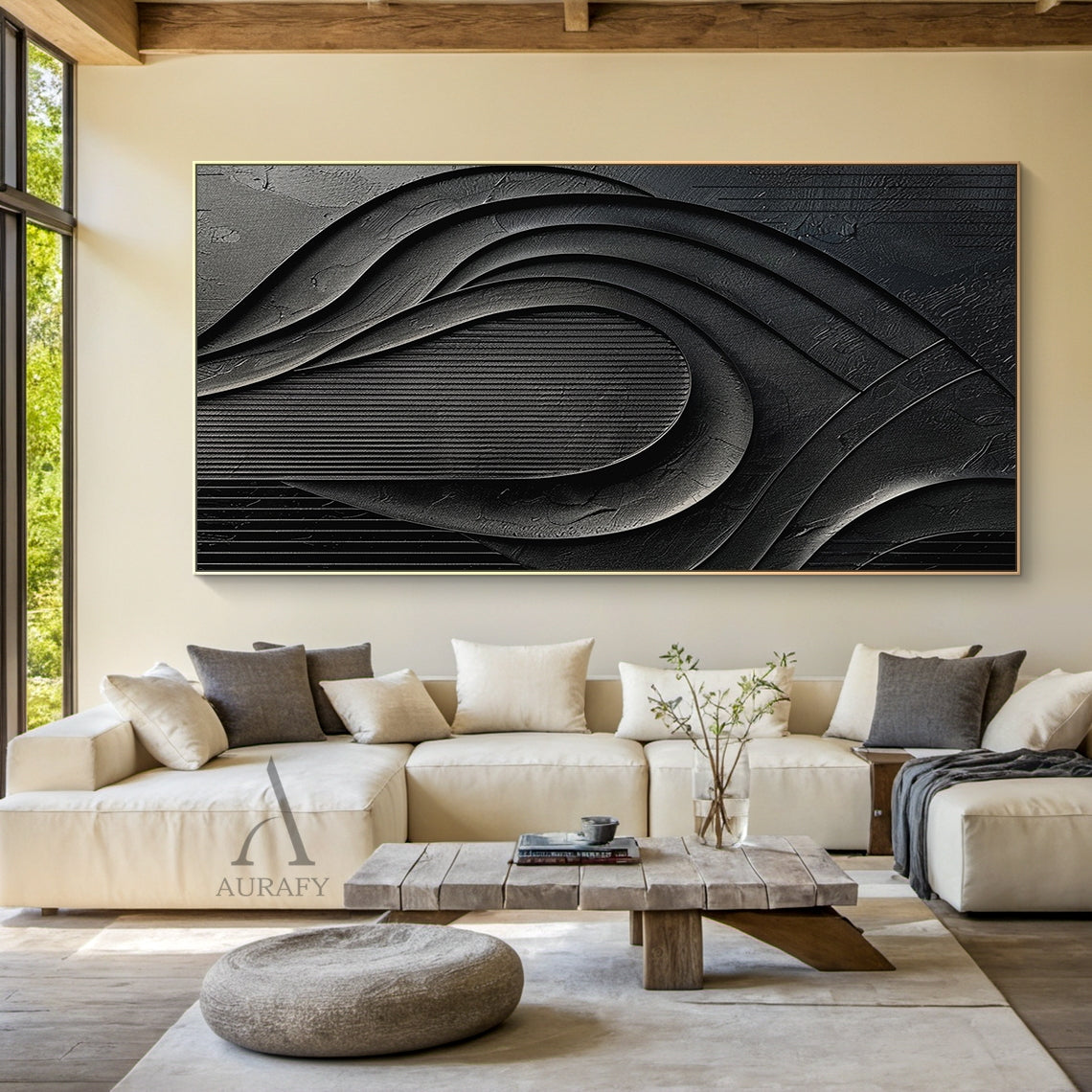 Minimalist Black Wall Art Sculpted High-Relief Tactile Matte Ribbed Modern Organic Design AURA424