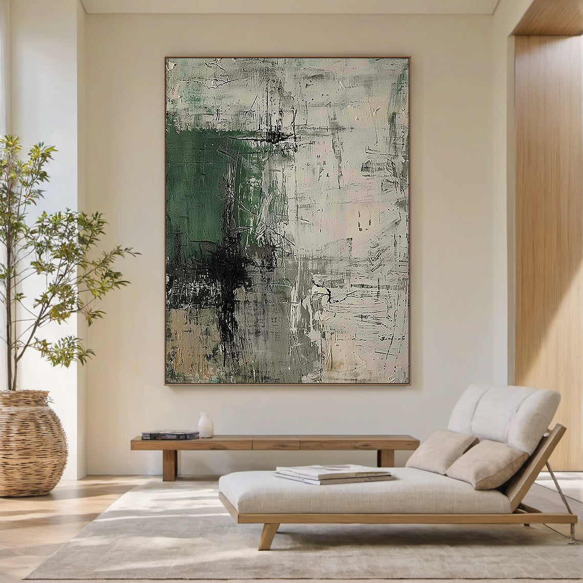 Abstract Minimalist Wall Art – Forest Green & Neutral Grays – AURA021(Vertical)