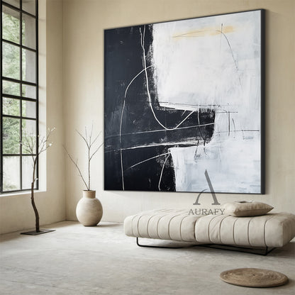Black White Abstract Art with Rough Brushstrokes Geometric Blocks Organic Lines Tactile Surface AURA492