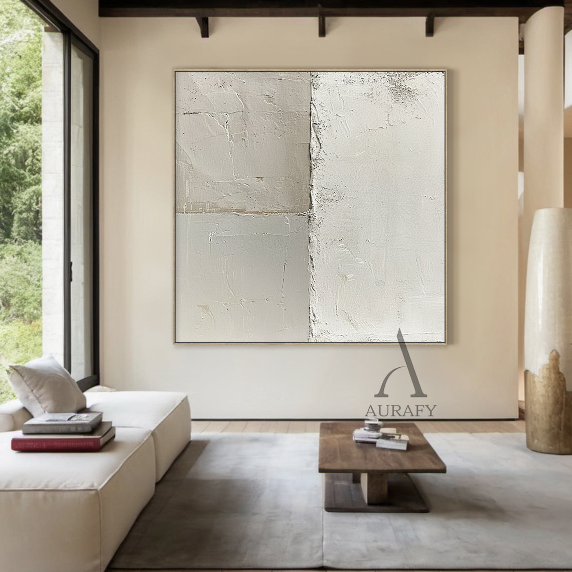 General Abstract Beige White Cracked Plaster Textured Wabi-Sabi Tactile Modern Organic Artwork AURA473