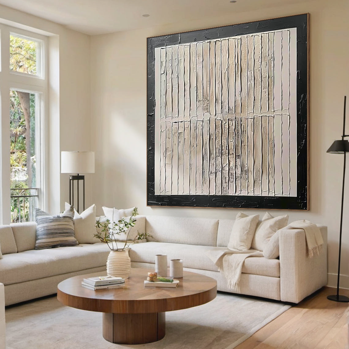 Minimalist Grid Textural Canvas – Cream & Black Accent – AURA006(Square)