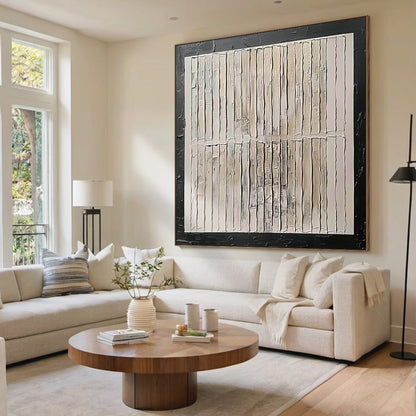 Minimalist Grid Textural Canvas – Cream & Black Accent – AURA006(Square)