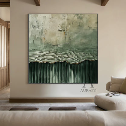 General Abstract Green Textured Art Vertical Flow Wave Thick Coat Copper Accents Worn Surface AURA508