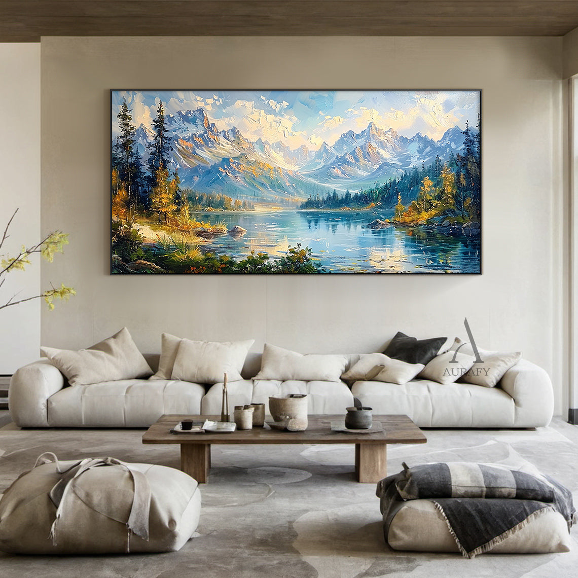 Blue Landscape Oil Painting with Knife Strokes Mountain Lake Snow-Capped Peaks Reflective Water AURA422