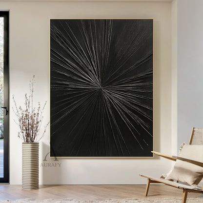 Minimalist Black Wall Art Tactile High-Relief Scratch-Textured Silver Metallic Lines Sculpted Abstract AURA456