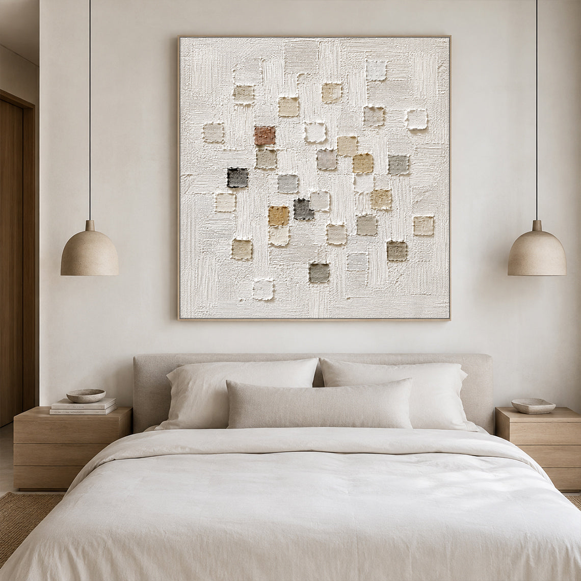 3D Textured White Plaster Japandi Wabi-Sabi Tactile Sculpted Canvas Knife Stroke Neutral Minimalist Wall Art AURA767